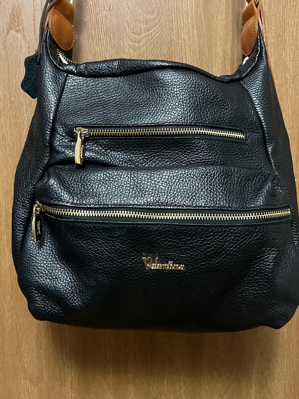 Valentina Black Shoulder Bag with Gold Hardware and Tan Strap